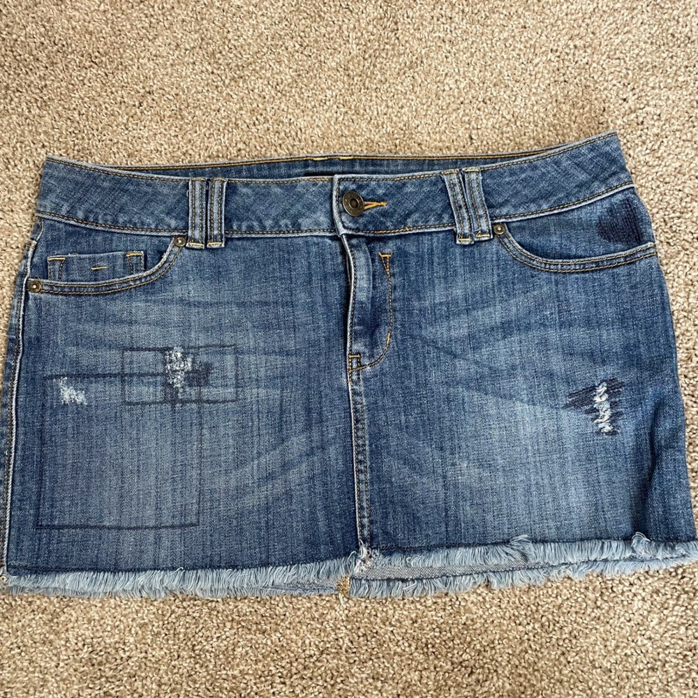 Y2K Low Rise Micro Mini Distressed McBling Denim Raw Hem Skirt 12" Size 14